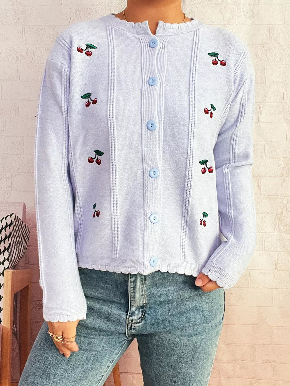 Light blue button up cardigan with cherry embroidery and scalloped trim