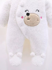 White plush baby one-piece with embroidered bear face and footie paws.