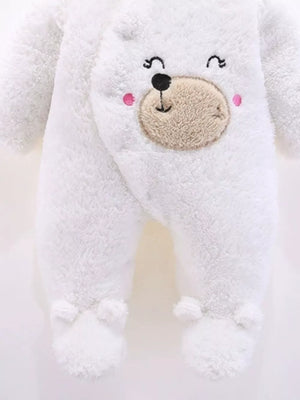 White plush baby one-piece with embroidered bear face and footie paws.