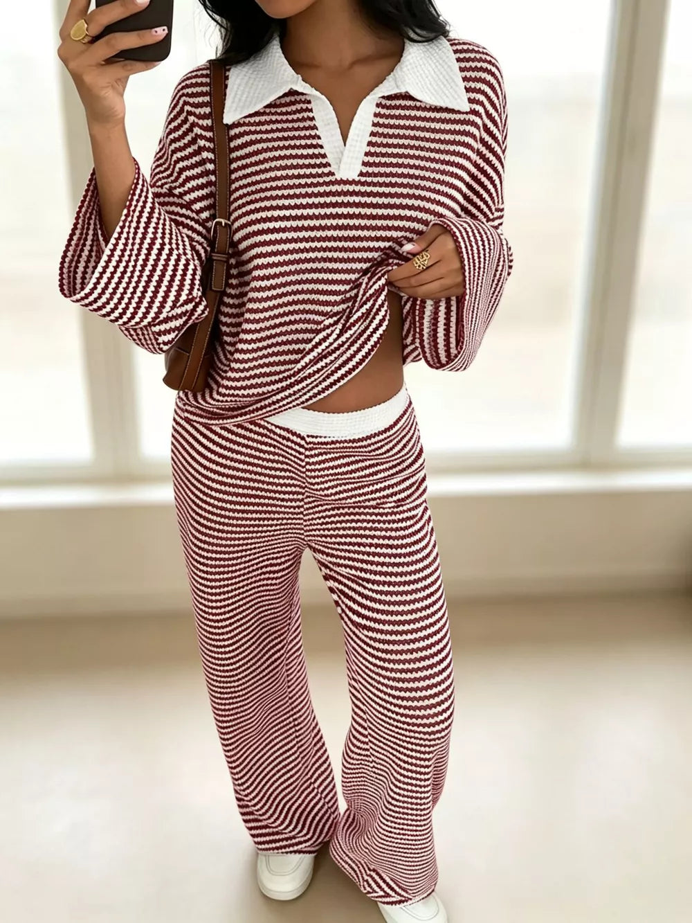 Striped Long Sleeve Polo And Wide-leg Pants Set in Green, front view