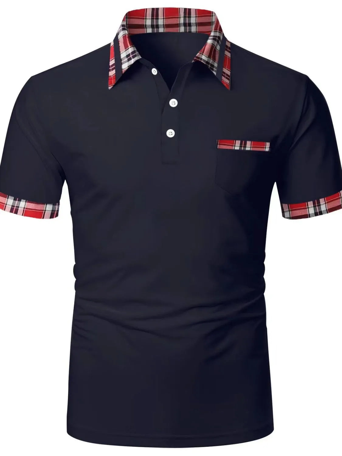 Navy polo shirt with plaid collar, pocket trim, and sleeve cuffs.