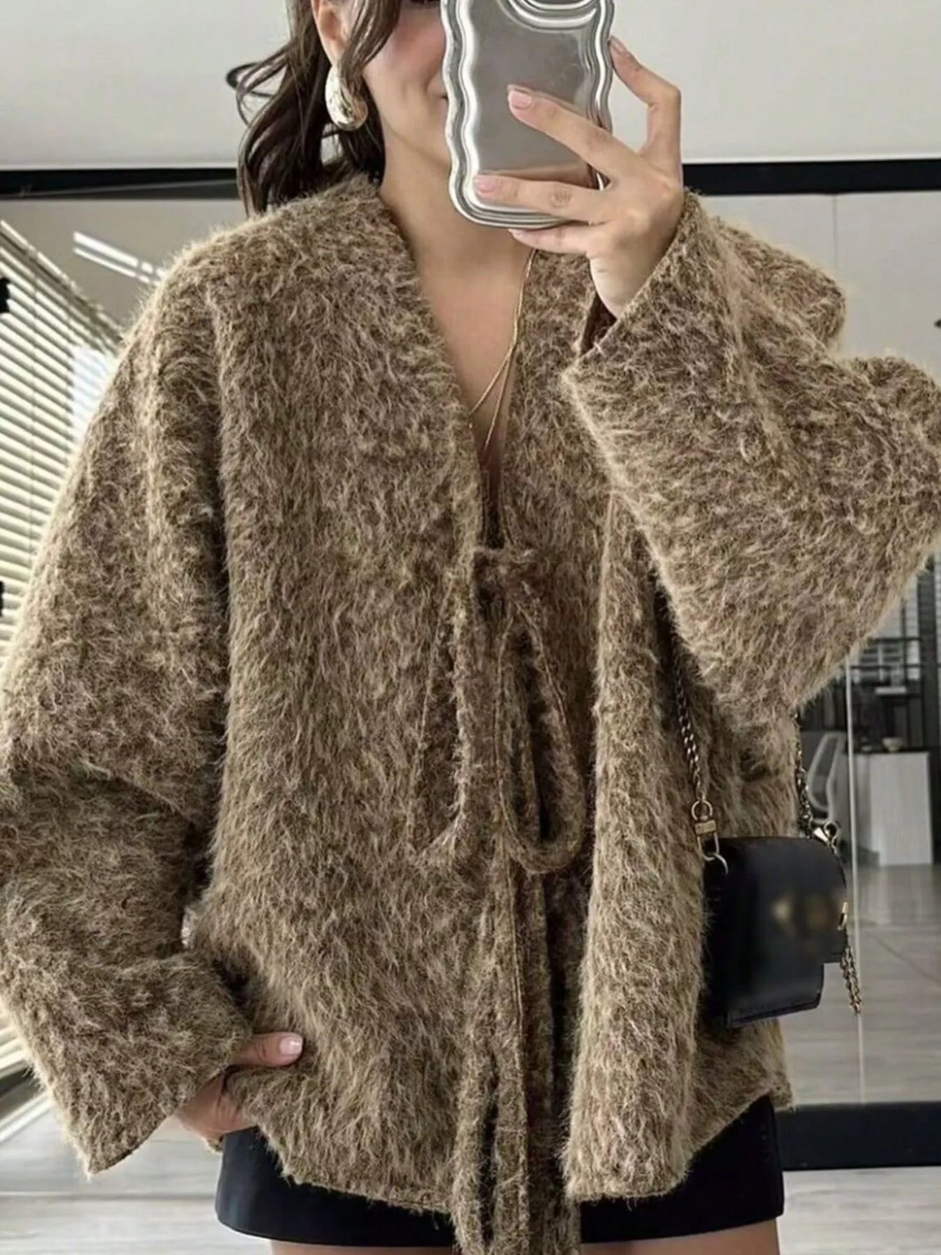 Textured knit tie-front cardigan in dark brown with a fuzzy, open-front design.