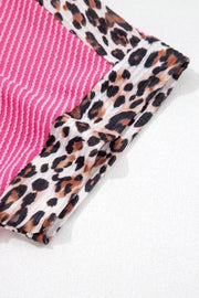 Ribbed pink pajama top with leopard print trim detail