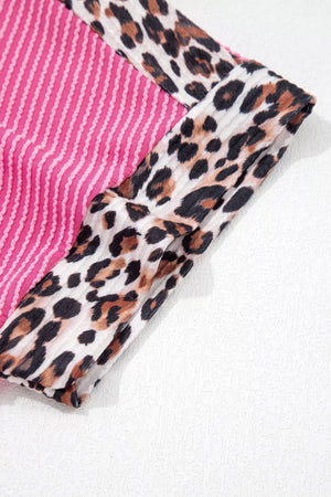 Ribbed pink pajama top with leopard print trim detail