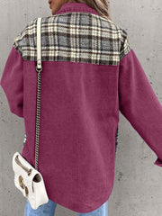 Burgundy denim jacket with plaid paneling on shoulders and back.