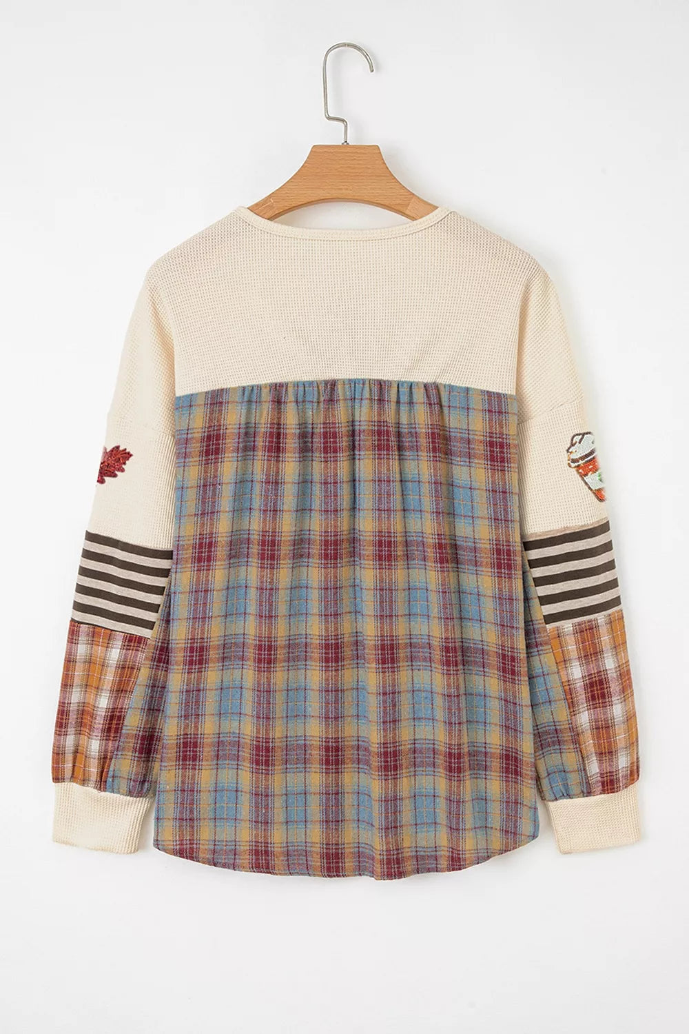 Sequin Autumn Leaf Coffee Cup Waffle Knit Top in Beige, model styling view