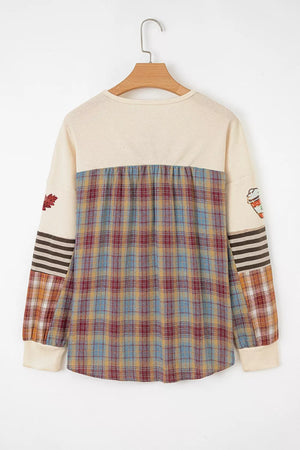 Sequin Autumn Leaf Coffee Cup Waffle Knit Top in Beige, model styling view