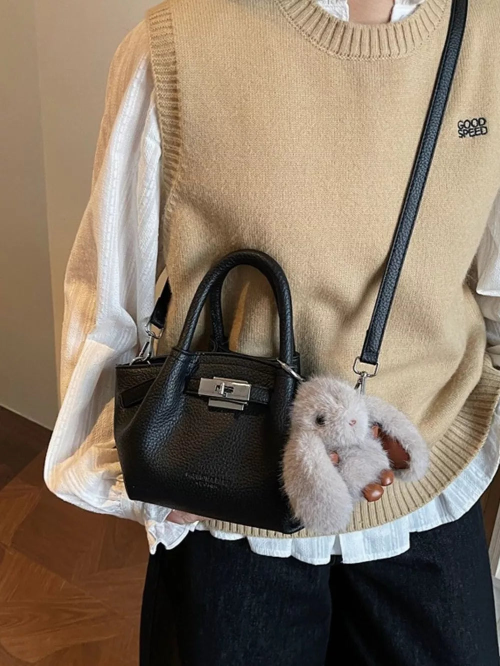 Top Handle Leather Crossbody Bag in Black, front view