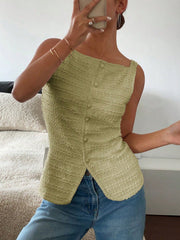 Yellow-green wavy textured button-front tank top with square neckline.