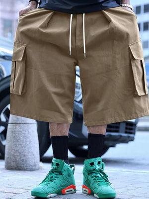 Men's Full Size Cargo Shorts With Drawstring Waist in Khakis, front view