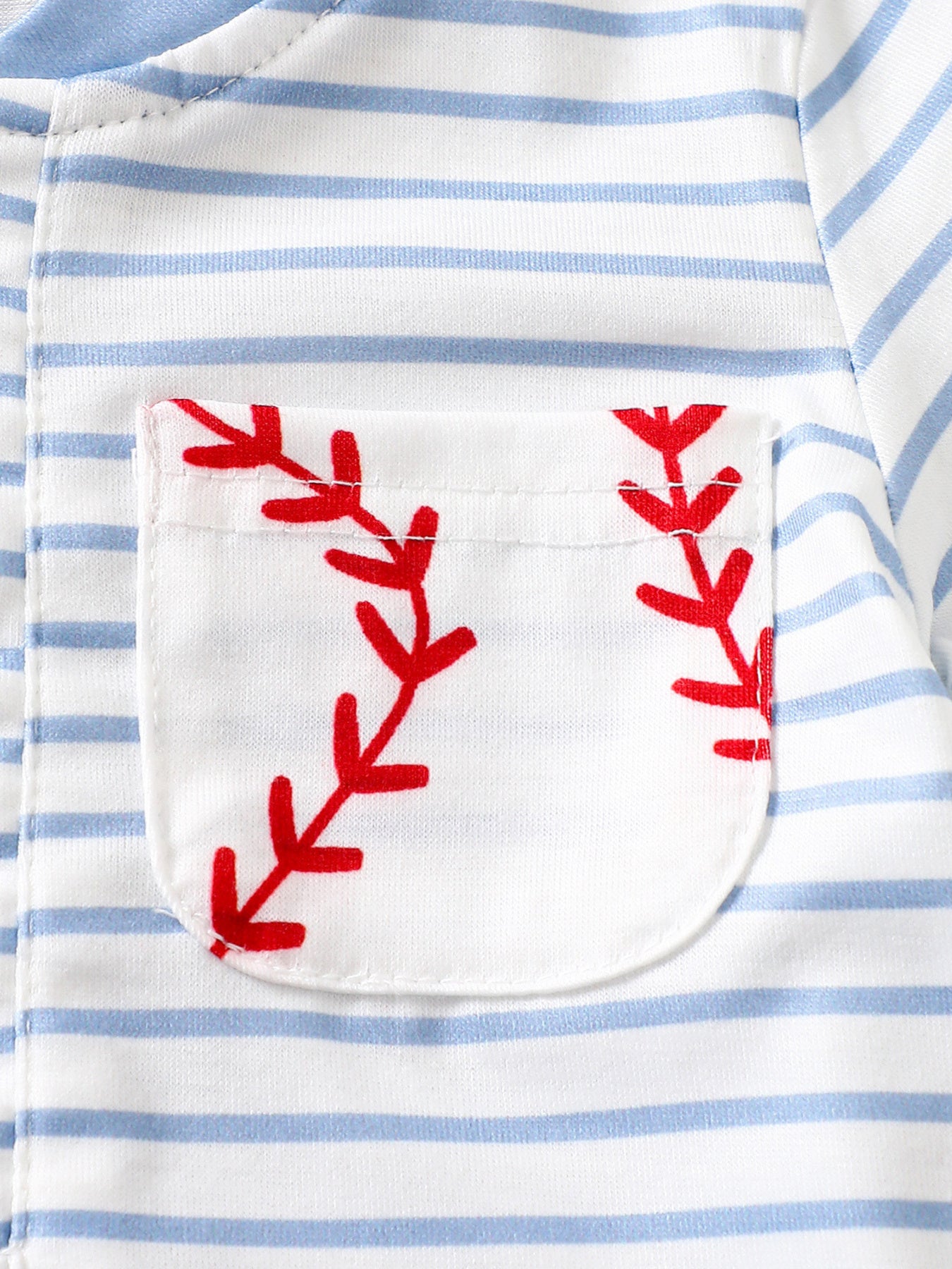 Baby bodysuit with blue stripes and a white pocket featuring red baseball stitching detail.