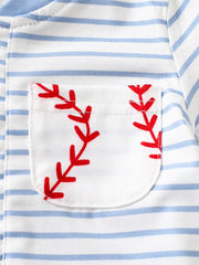 Baby bodysuit with blue stripes and a white pocket featuring red baseball stitching detail.