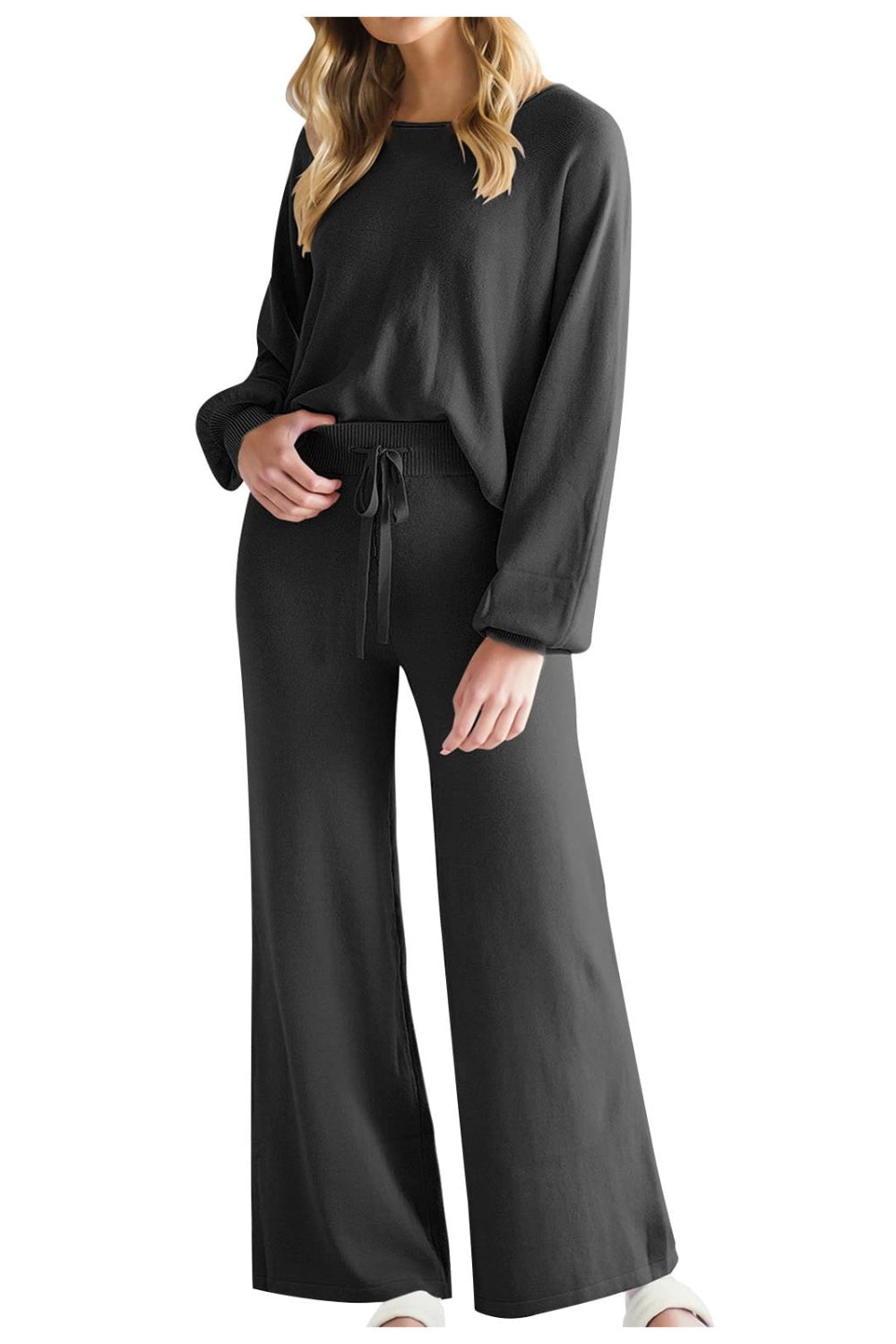 Black wide-leg lounge set with balloon sleeves and drawstring waist