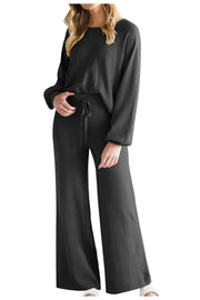 Black wide-leg lounge set with balloon sleeves and drawstring waist