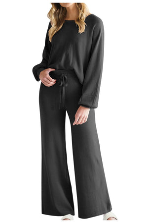 Black wide-leg lounge set with balloon sleeves and drawstring waist