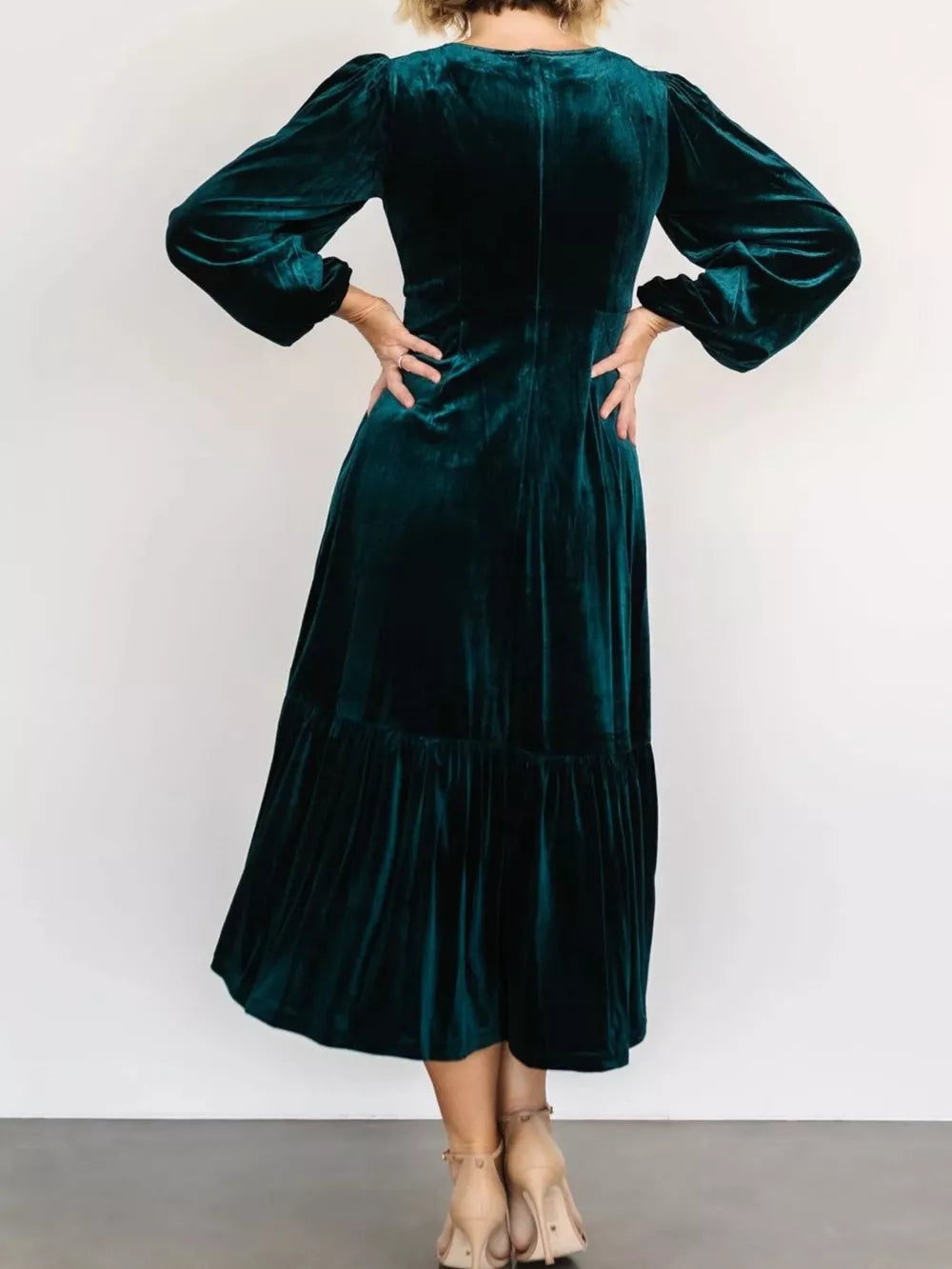 Peacock blue velvet midi dress with tiered skirt and puff sleeves
