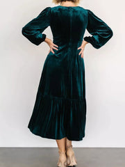 Peacock blue velvet midi dress with tiered skirt and puff sleeves