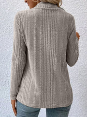 Ribbed waterfall cardigan jacket in mocha with a high neckline and long sleeves.