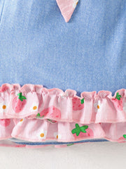 Baby cami set with strawberry print ruffles and pink bow detail.