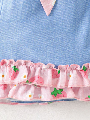 Baby cami set with strawberry print ruffles and pink bow detail.