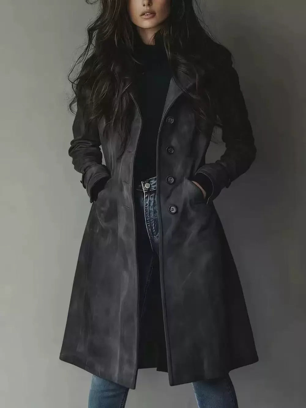 Button Up Longline Trench Coat in Dark Brown, close-up detail