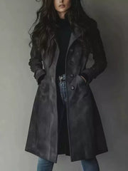 Button Up Longline Trench Coat in Dark Brown, close-up detail
