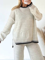 Beige relaxed fit sweater set with contrast black trim on neckline and hem
