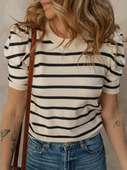 Striped knit tee with puff sleeves in cream and black, crewneck, short sleeves.