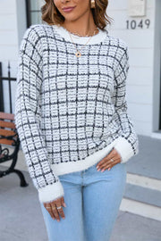 Textured grid knit crewneck sweater in multicolor with fuzzy trim and crew neckline.