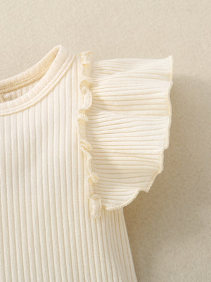 Ribbed baby set in cream with ruffled cap sleeves and neckline.