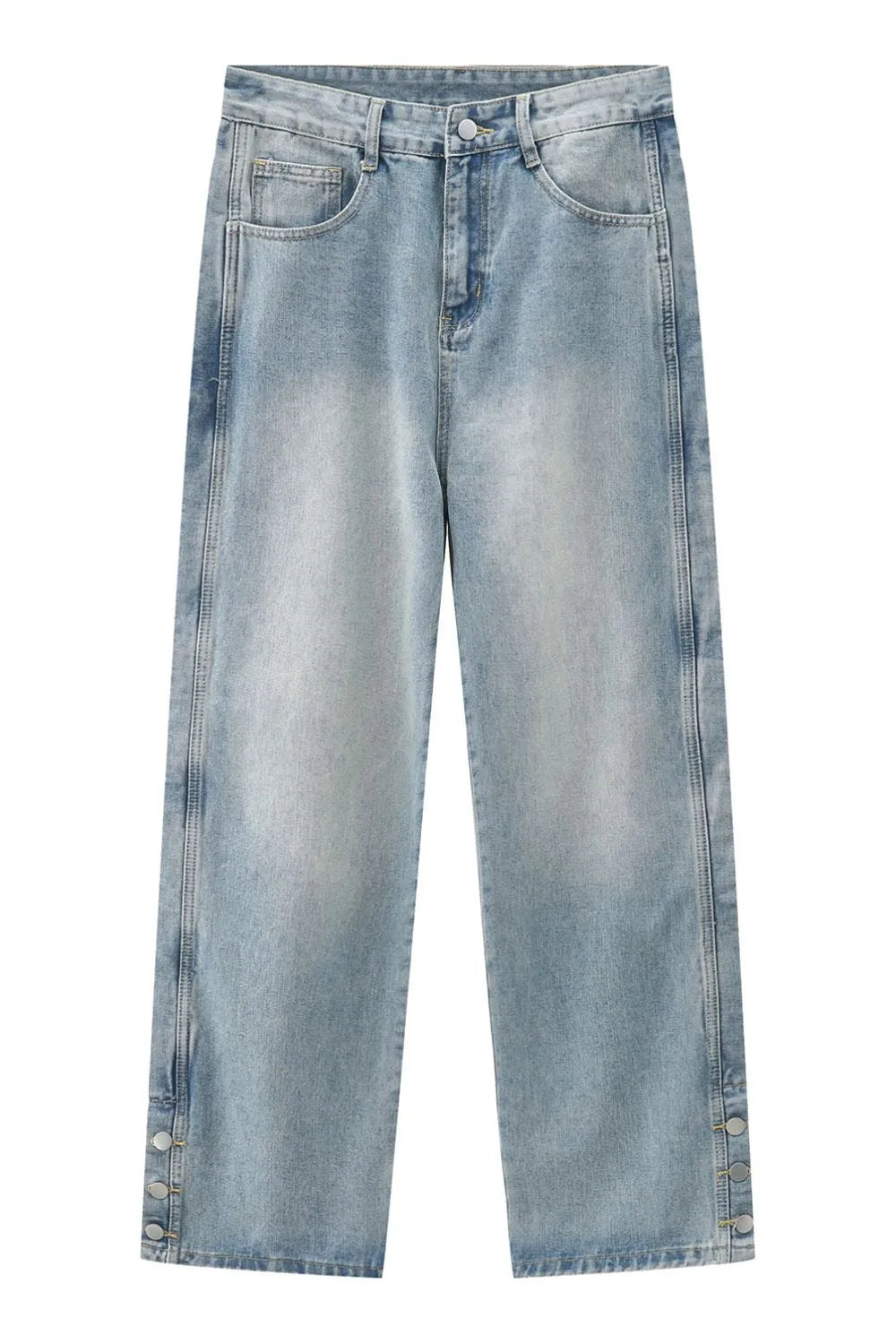 Medium wash baggy denim jeans with snap button hem detail