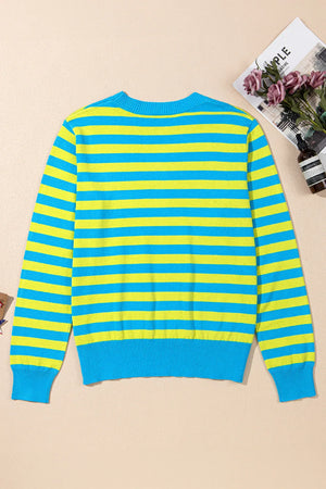 Electric Stripe Crewneck Sweater in Sky Blue with horizontal stripes, crew neck, and long sleeves.