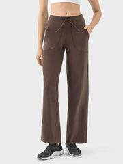 Wide-leg drawstring active trousers in mocha with pockets and a relaxed fit.