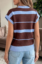 Brown and blue striped knit sweater vest with ribbed crew neck and hem.