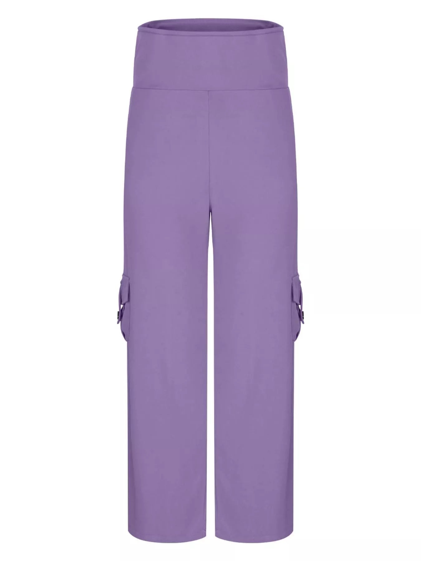 Purple high-waisted yoga pants with cargo pockets and a flared silhouette.
