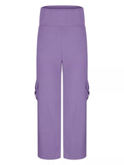 Purple high-waisted yoga pants with cargo pockets and a flared silhouette.