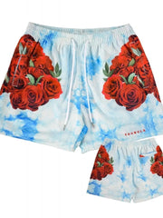 Mesh athletic shorts with red rose floral print on a sky blue tie-dye background.