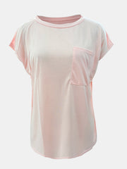 Relaxed fit tee in watermelon pink with cap sleeves and a chest pocket.