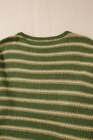 Moss green knit sweater with textured beige stripes and a crew neck.