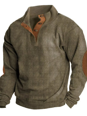 Men's Army Green Corduroy Long Sleeve Overshirt with button collar and elbow patches