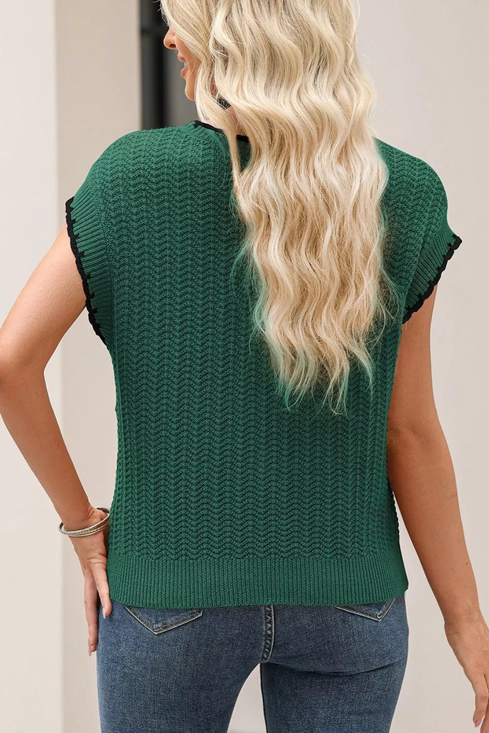 Textured Knit Sleeveless Sweater Vest in Dark Green, model styling view