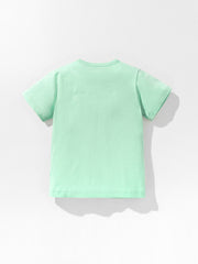Toddler mint green crew-neck t-shirt with short sleeves and a dinosaur print on the back.