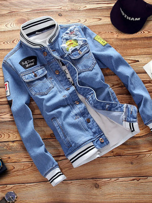 Men's Slim Fit Button-up Denim Jacket Plus Size in Blue, front view
