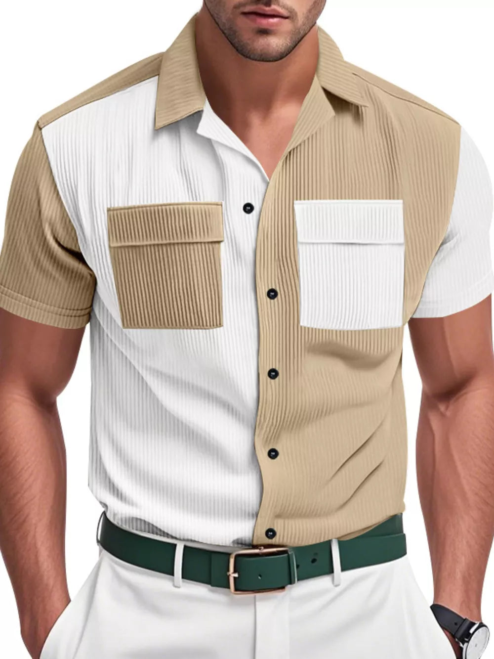 Men's two-tone tan and white textured short sleeve button-down shirt with two chest pockets.