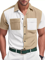 Men's two-tone tan and white textured short sleeve button-down shirt with two chest pockets.