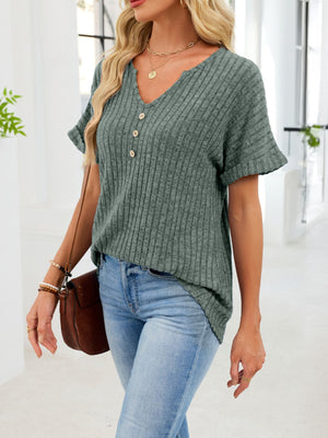 Ribbed knit short sleeve t-shirt in army green with decorative buttons and a notched neckline.