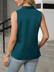 Sea blue lustrous satin V-neck tank top with a sleeveless cut.