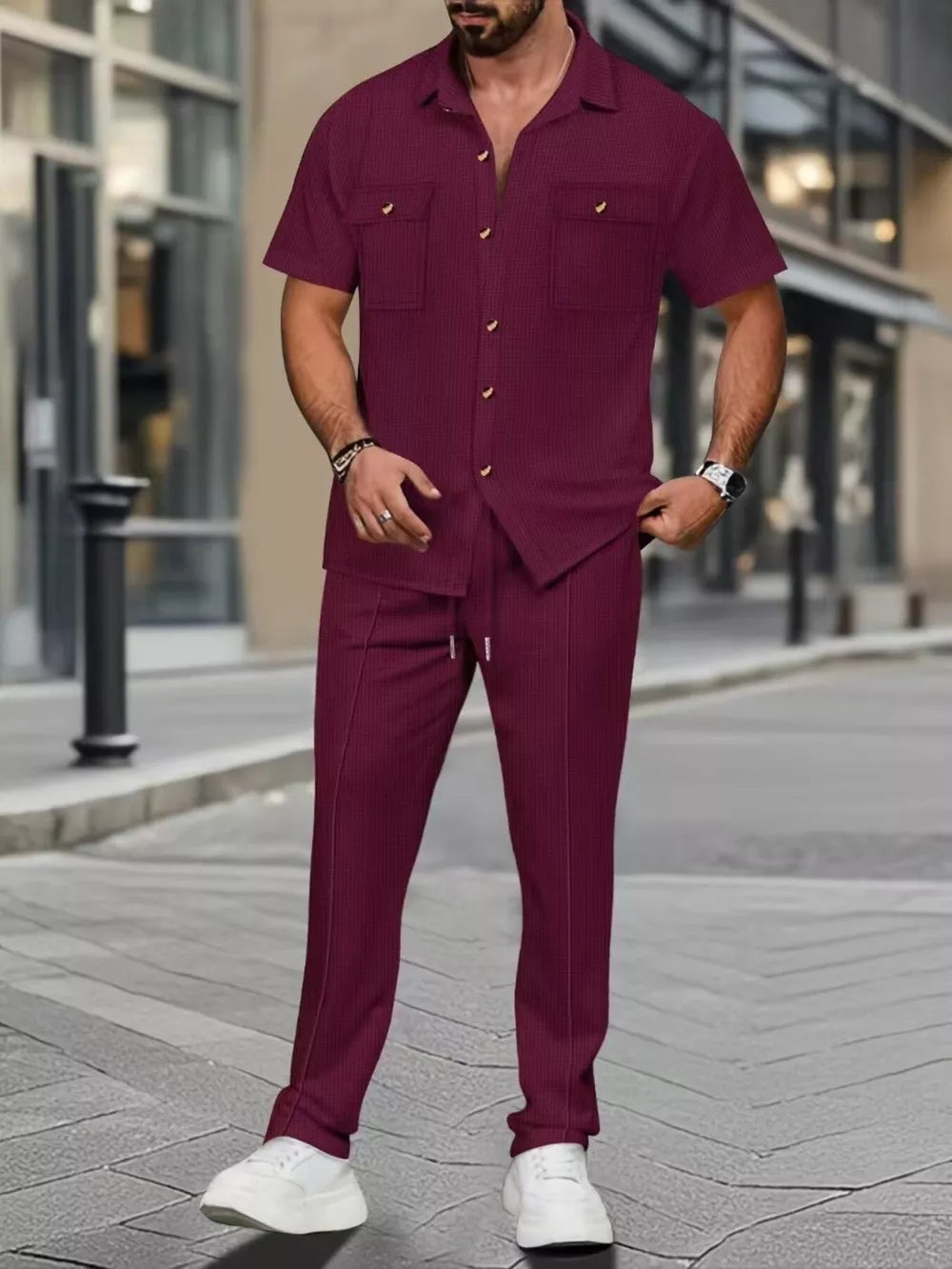 Men's wine red short sleeve button-up shirt and drawstring pants set with subtle check pattern.