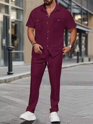 Men's wine red short sleeve button-up shirt and drawstring pants set with subtle check pattern.
