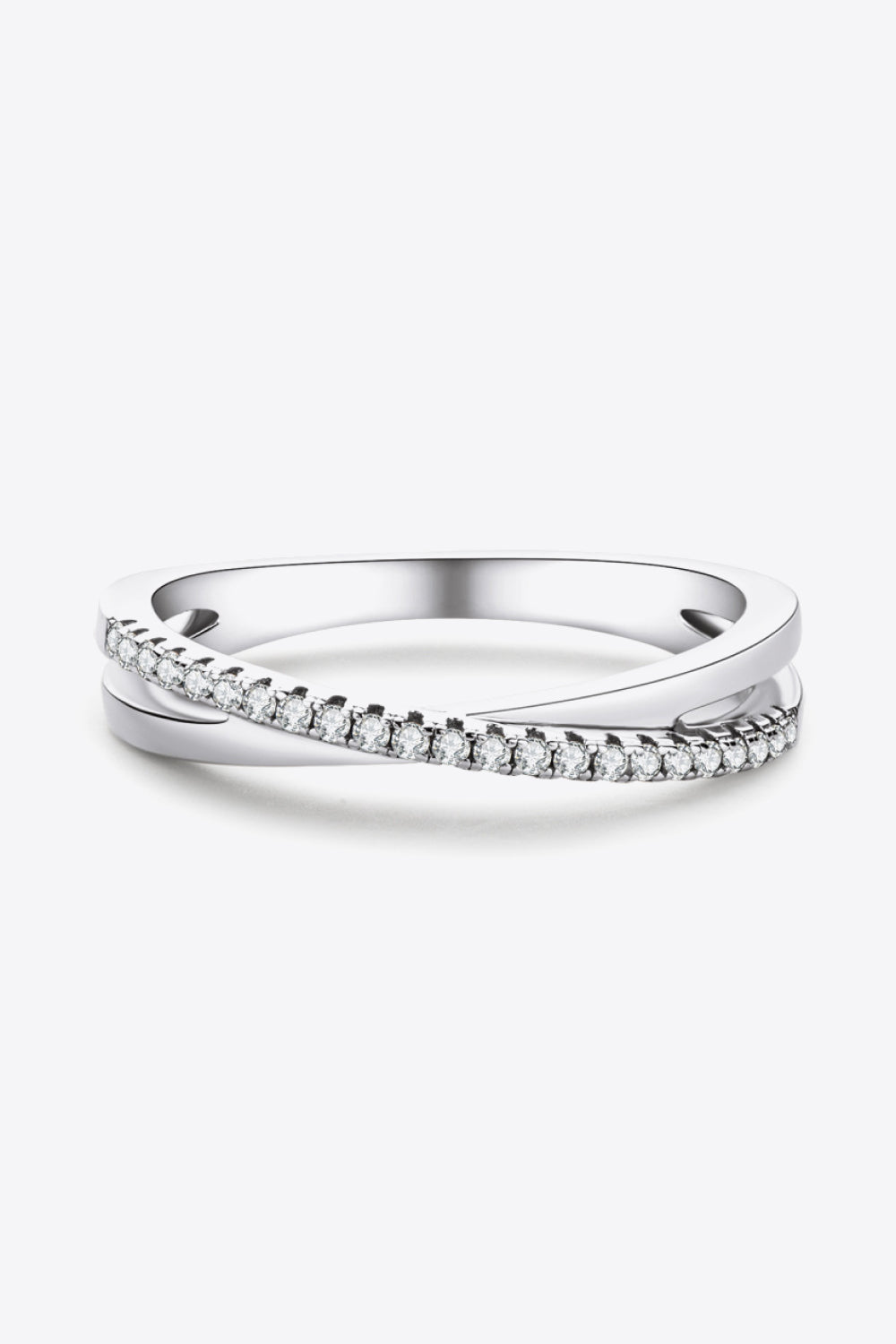 Silver eternity crossover ring with pavé moissanite band